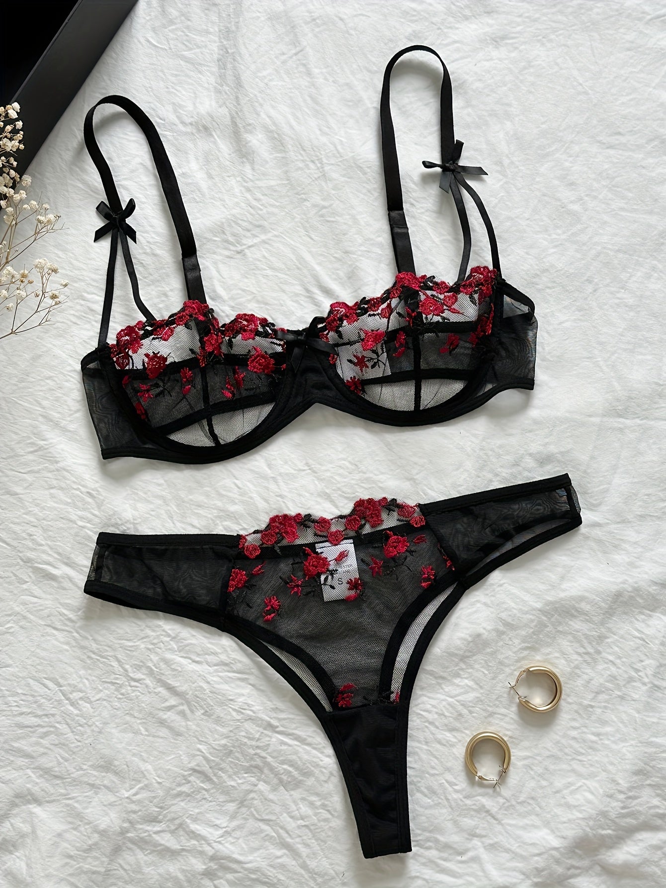 Floral Embroidery Lingerie Set, Mesh Unlined Bra & Mesh Thong, Women's Sexy Lingerie & Underwear