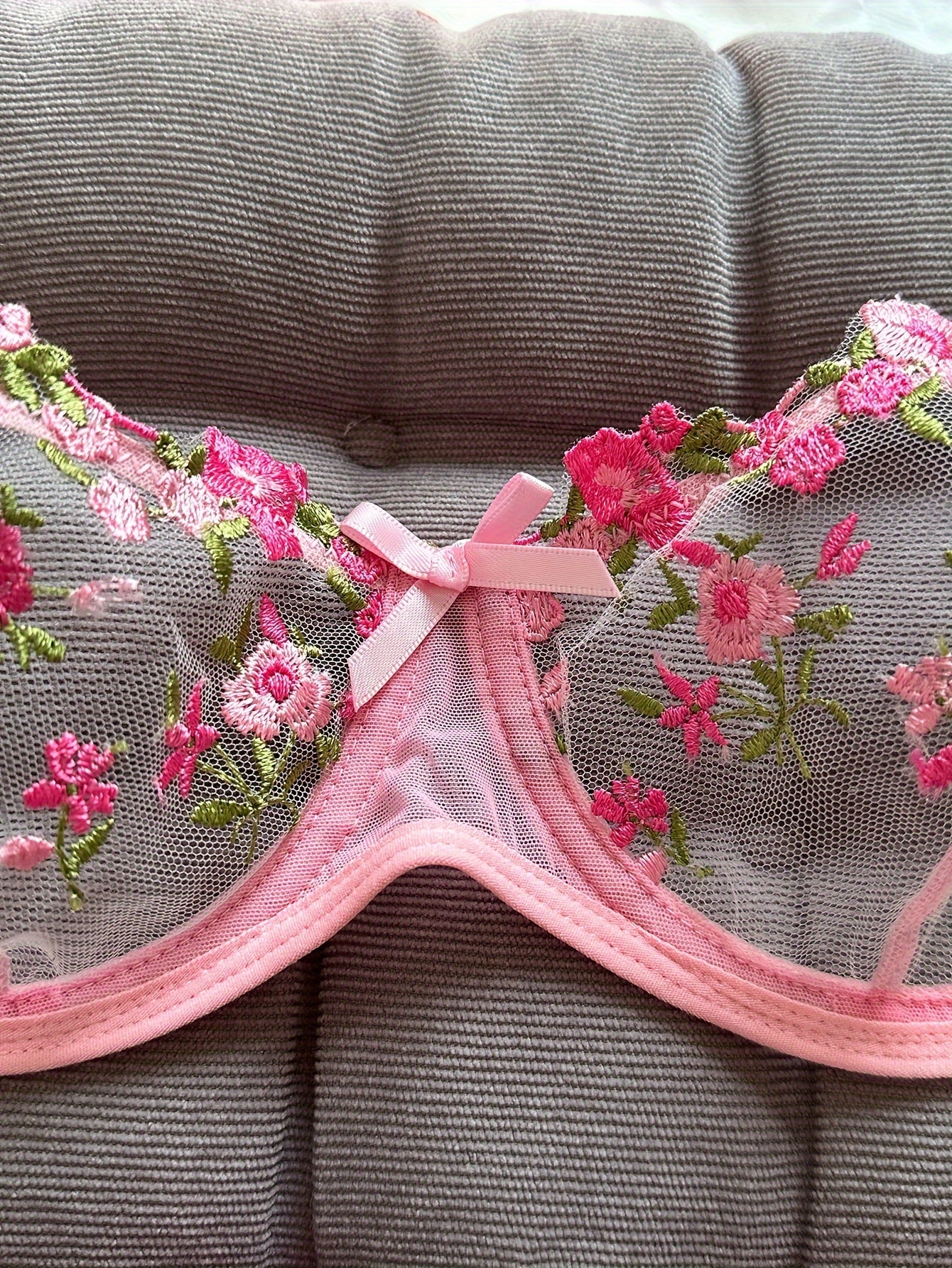 Floral Embroidery Lingerie Set, Mesh Unlined Bra & Mesh Thong, Women's Sexy Lingerie & Underwear