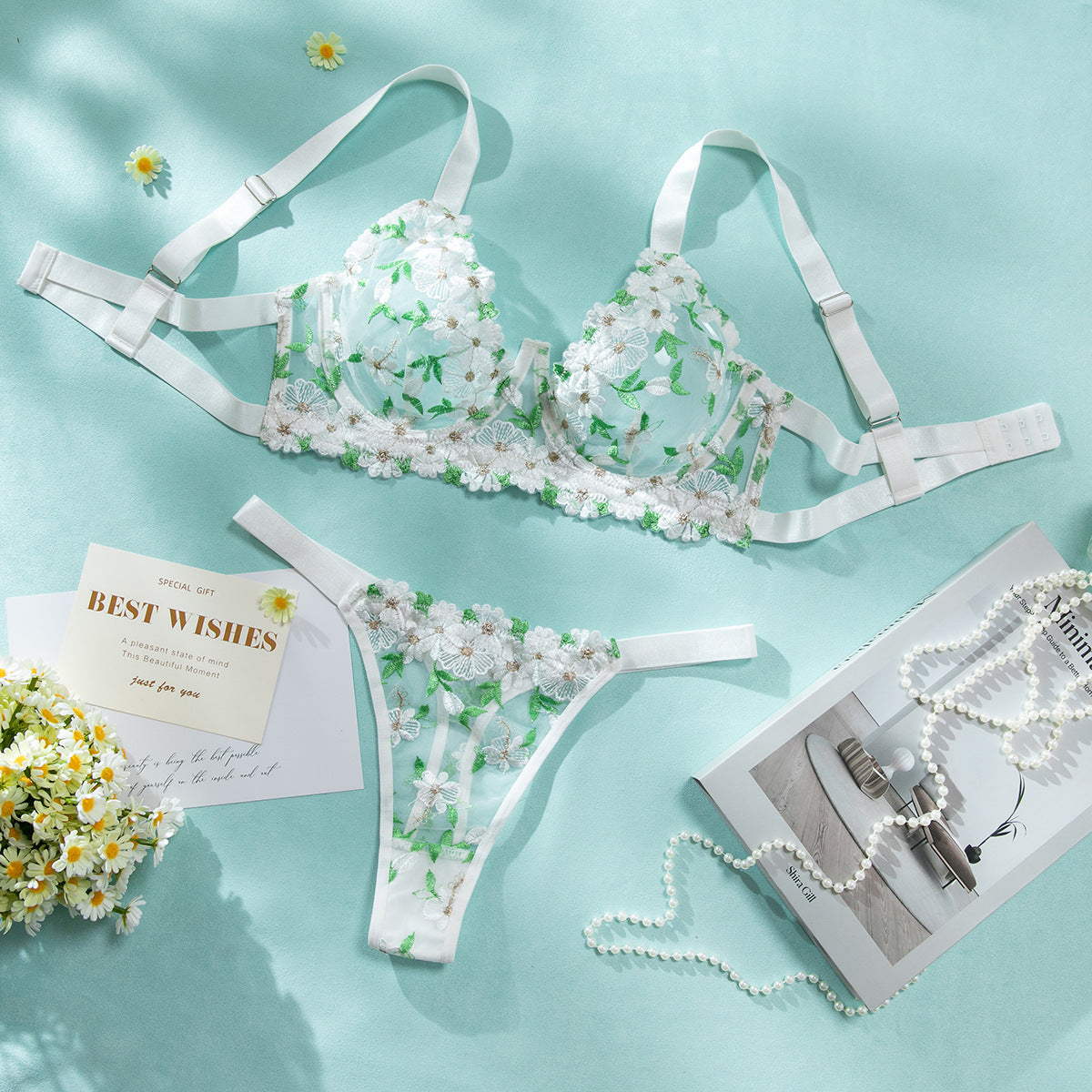 Spring Hot Floral Embroidery See-through Bra Set