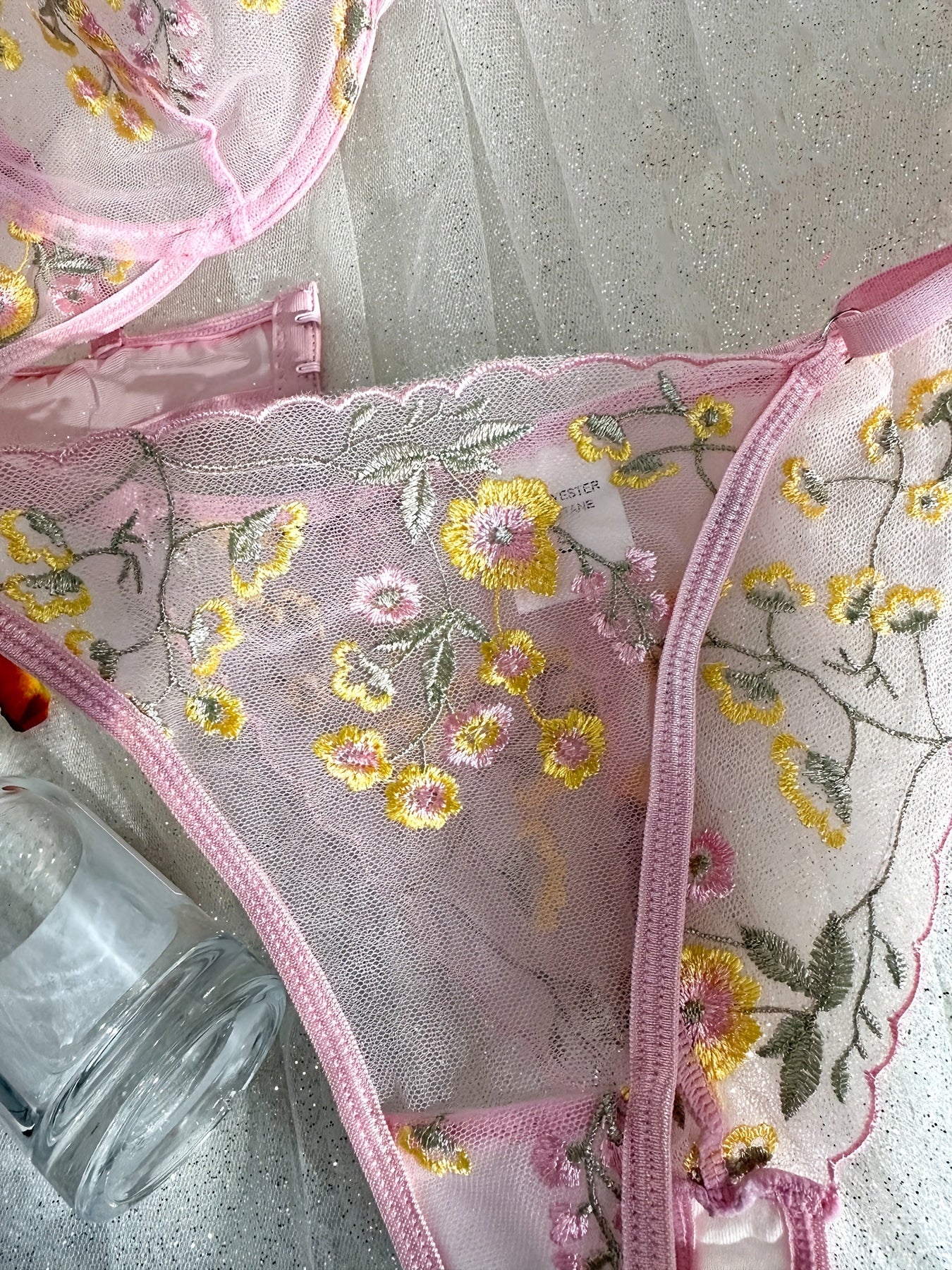 Floral Embroidery Lingerie Set, Sheer Unlined Bra & Mesh Thong, Women's Sexy Lingerie & Underwear