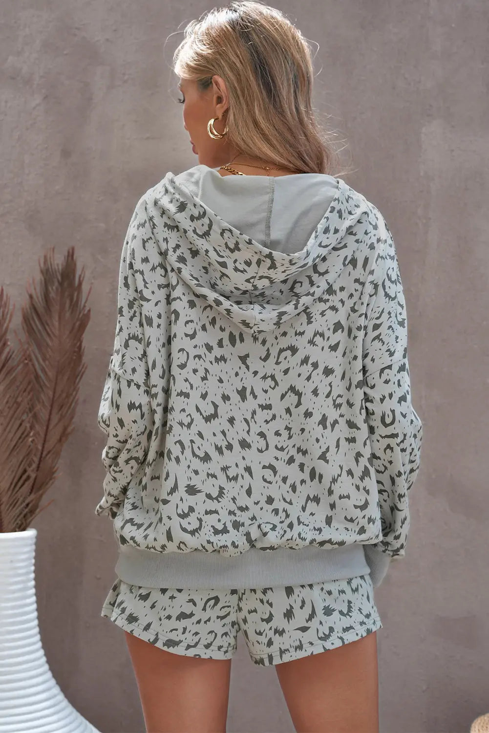 Animal Print Drawstring Detail Hoodie and Shorts Lounge Set - Image #5