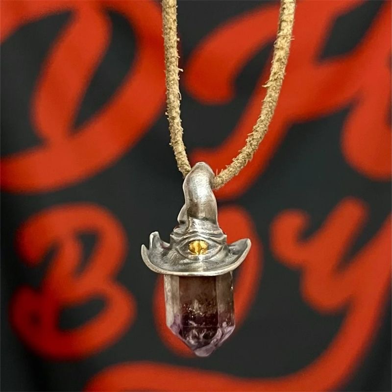 Retro Natural Amethyst Hexagonal Witch Hat Pendant Necklace