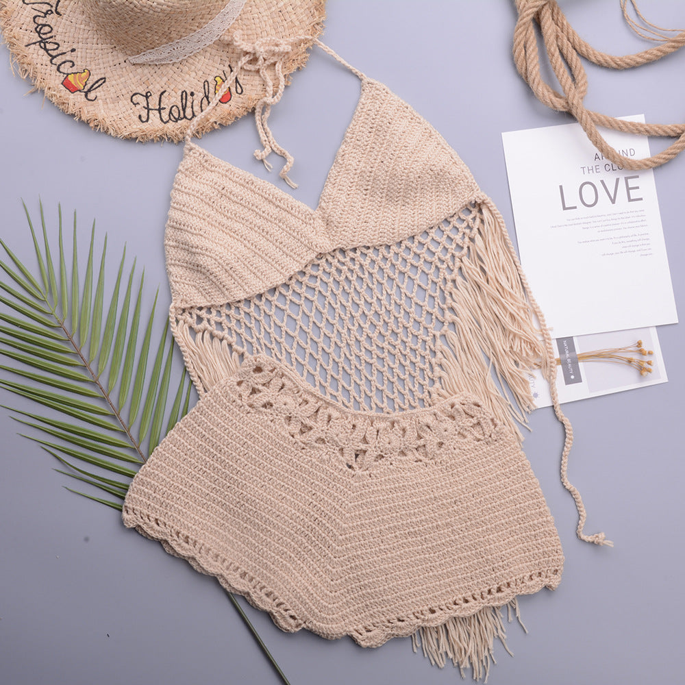 Hollow Crochet Tassel Strap Top Split Swimsuit