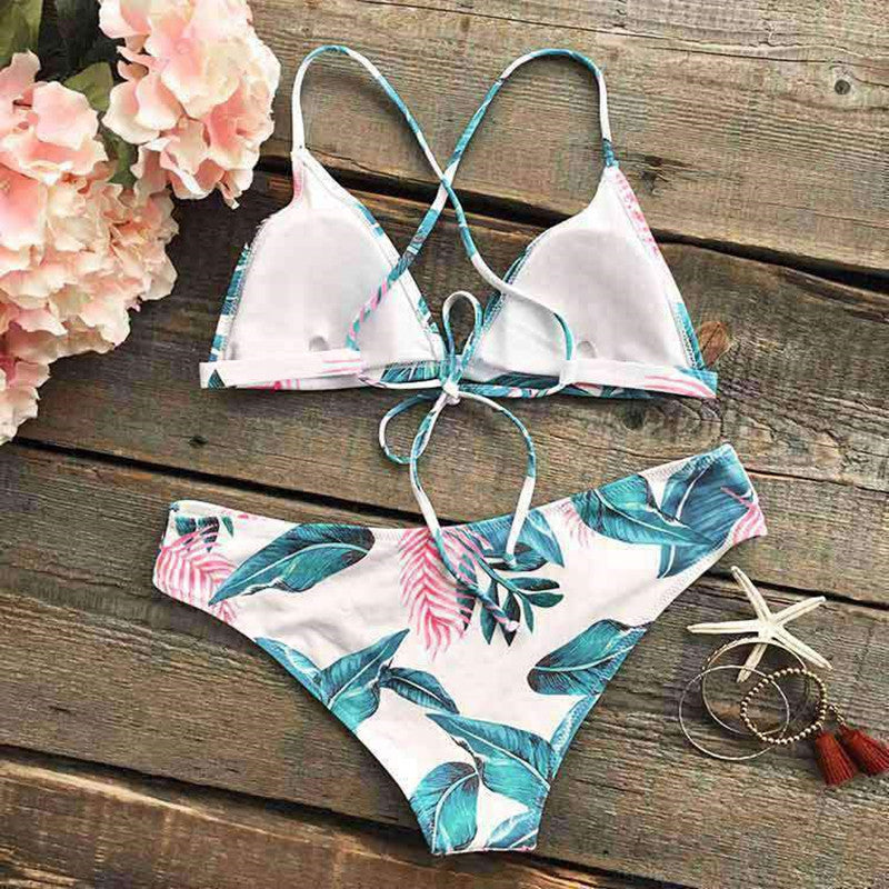 Leaf Print Lace Split Bikini Ladies Swimsuit