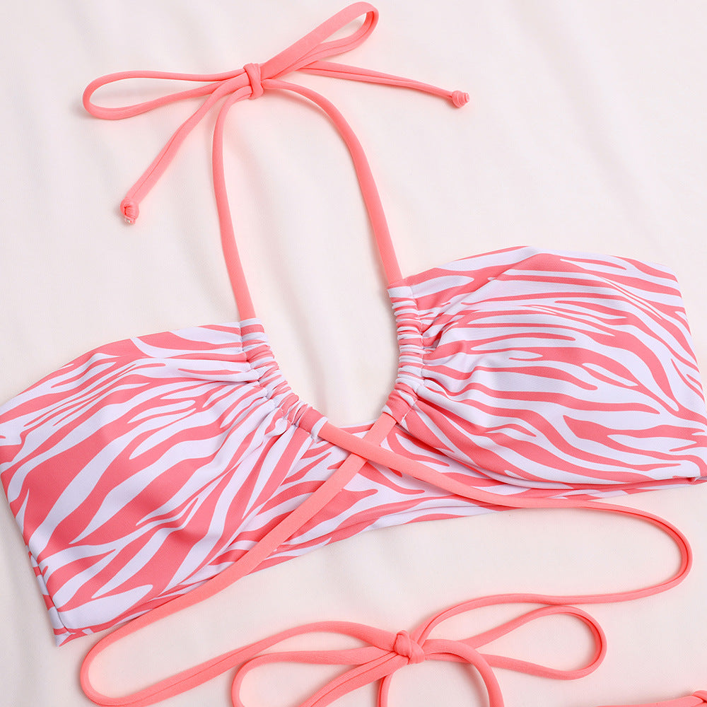 Stripe Print Halter Criss-cross Bikini Side Tie Women's Split Swimsuit