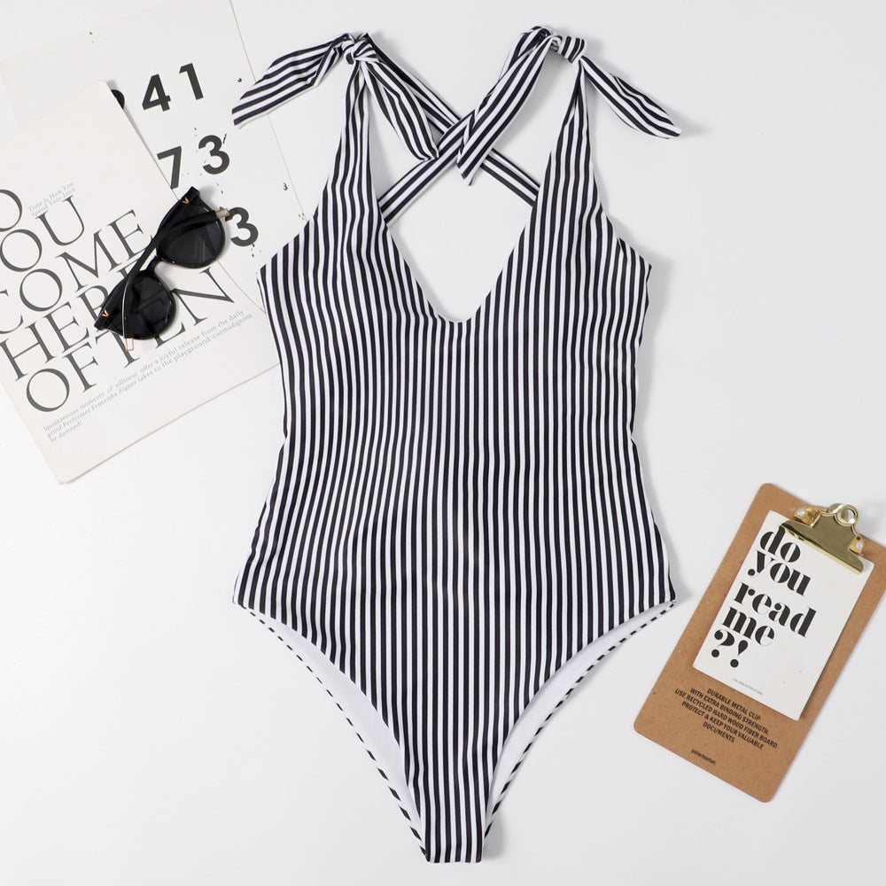 Women's Striped Print Slim One-Piece Swimsuit