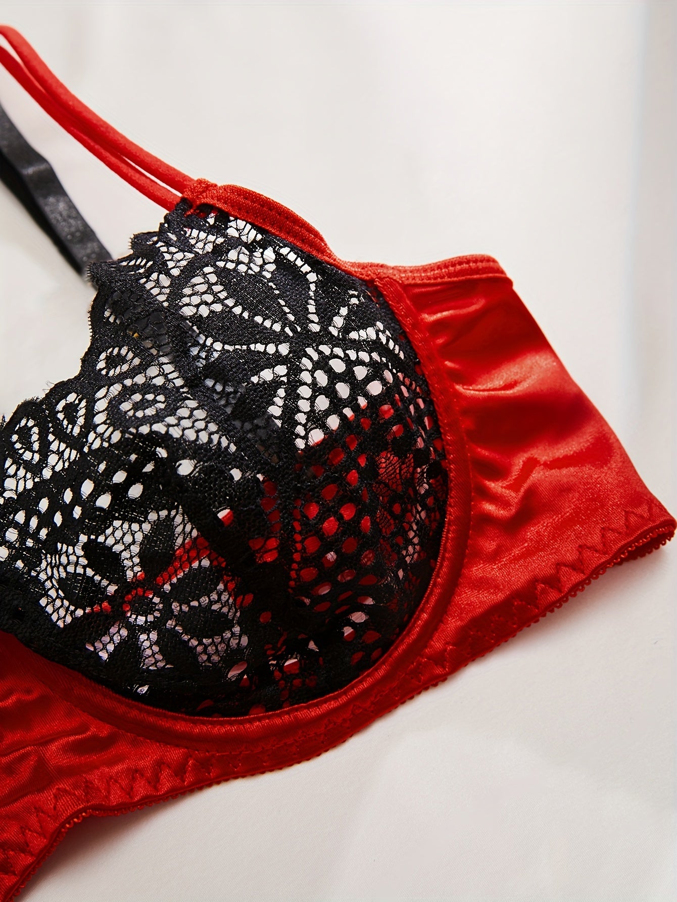 Contrast Lace Lingerie Set, Sheer Unlined Bra & Bikini Panties, Women's Sexy Lingerie & Underwear