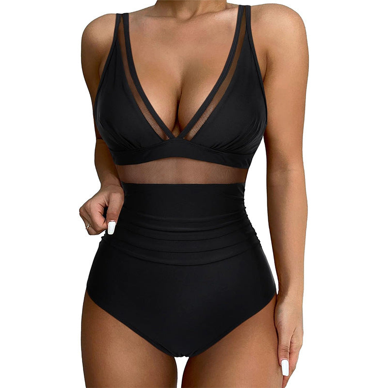 Pure Color Mesh Halter Bikini One-piece Swimsuit