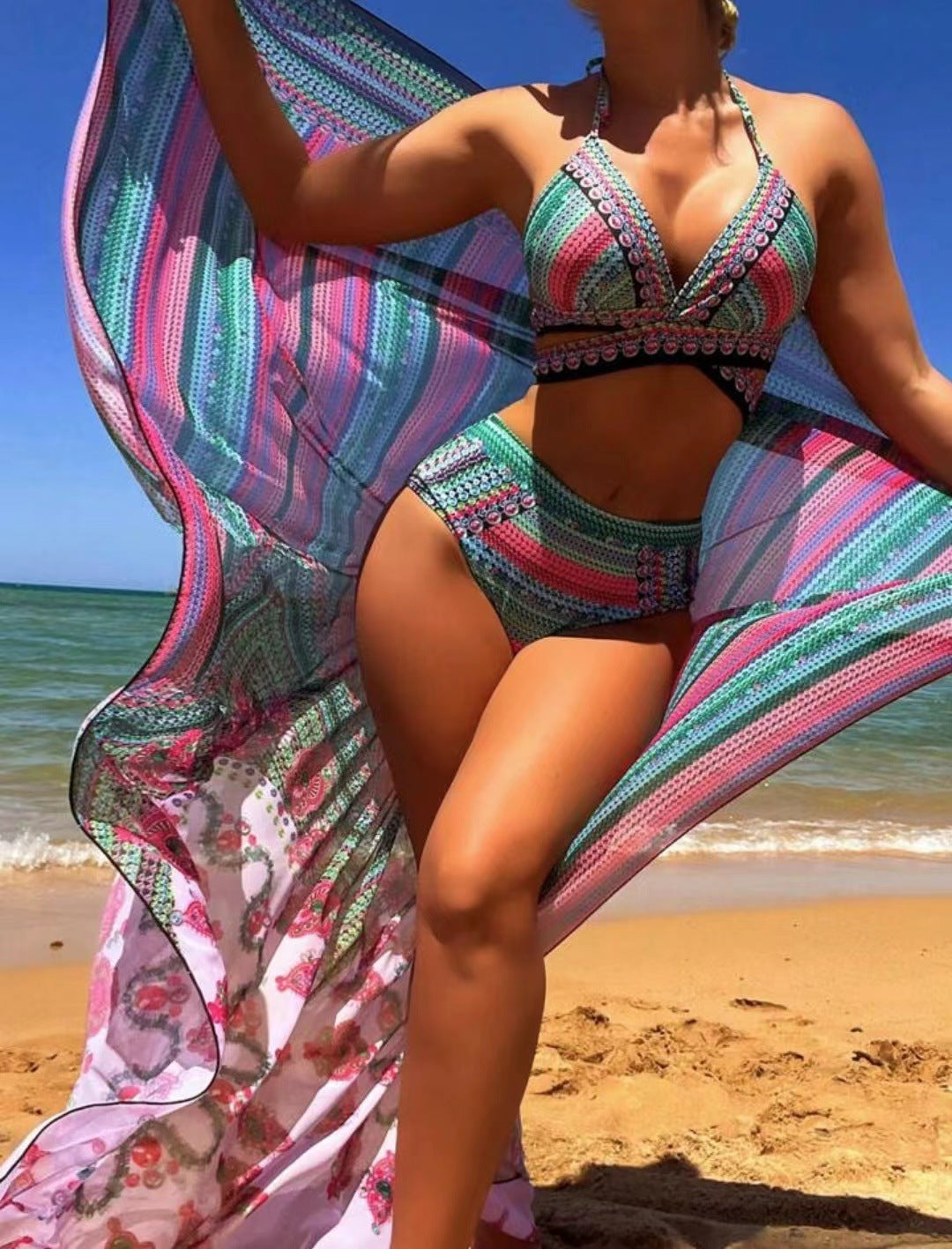 Bikini Cross Bandage Swimsuit High Waist Veils Split Three-piece Suit