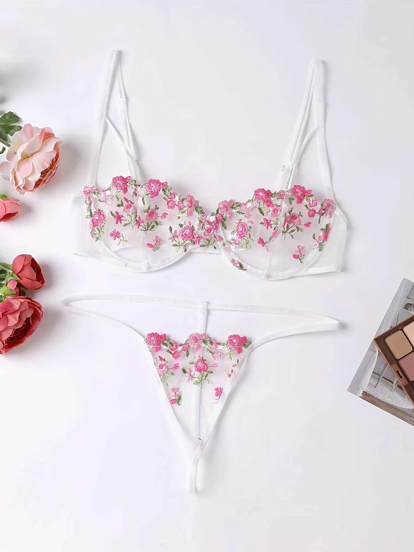 Floral Embroidery Lingerie Set, Sheer Unlined Bra & Mesh Thong, Women's Sexy Lingerie & Underwear