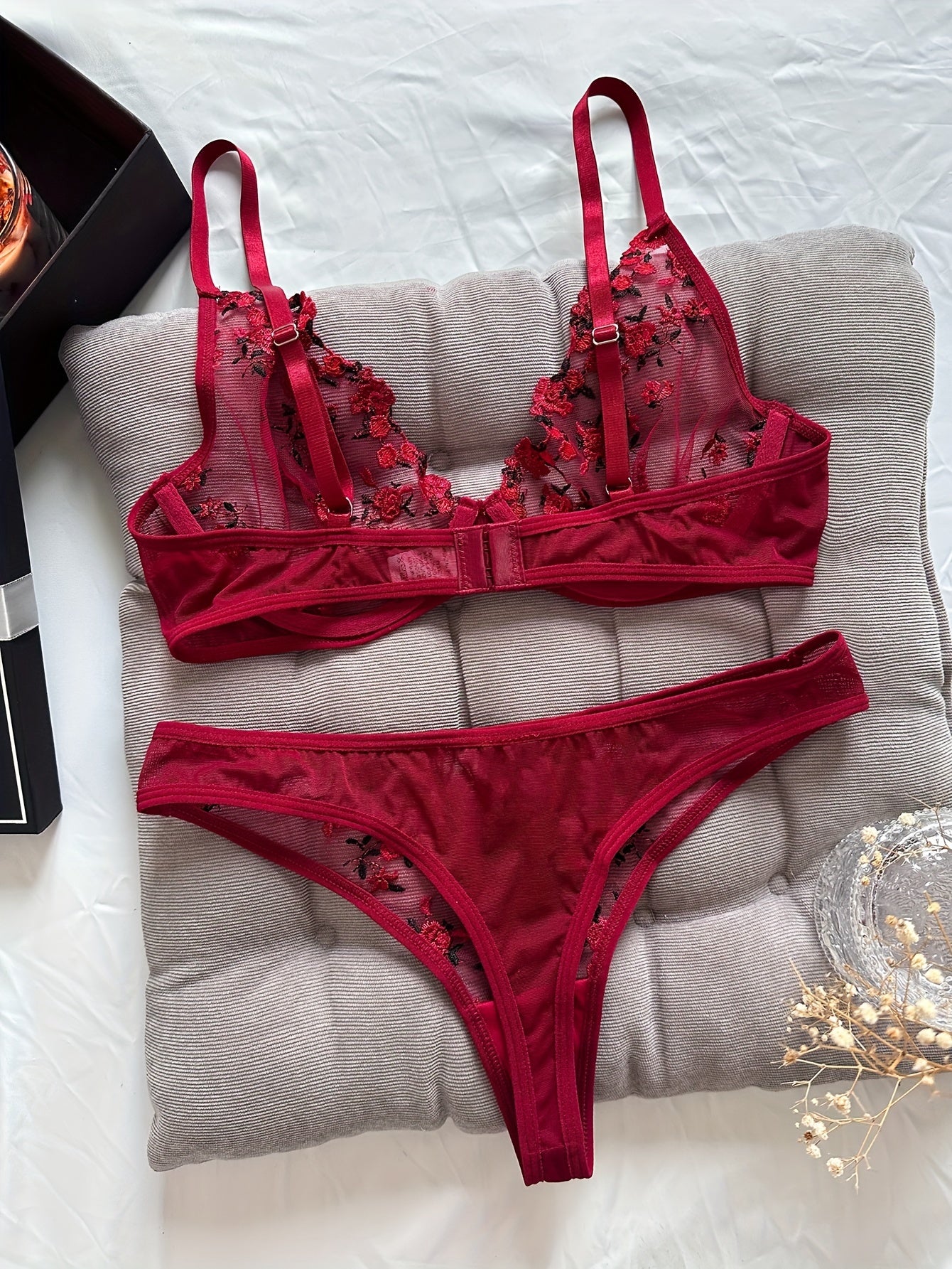 Floral Embroidery Lingerie Set, Mesh Unlined Bra & Thong, Women's Sexy Lingerie & Underwear