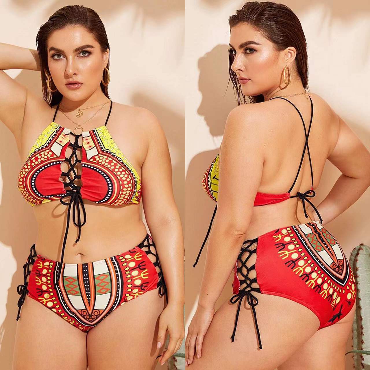 Women's Split Halter Multicolor Cutout Lace-Up Swimsuit