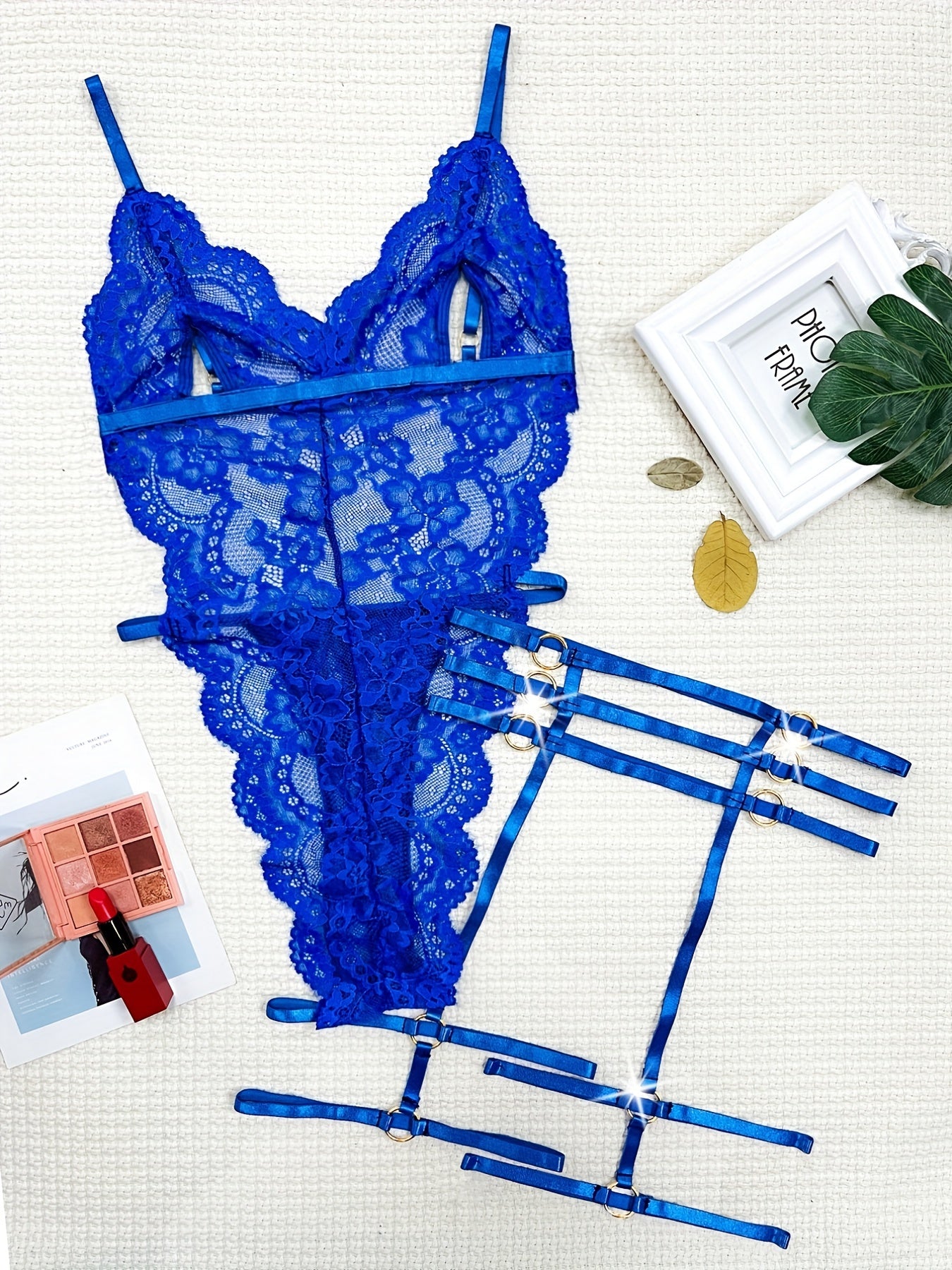 Floral Lace Scallop Trim Teddy, Cut Out Deep V Backless Thong Bodysuit, Women's Sexy Lingerie & Underwear