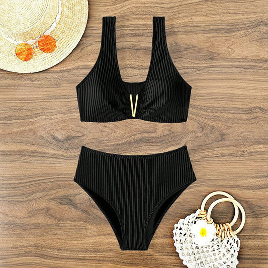 Women's Solid Color High Waist Bikini Split Swimsuit