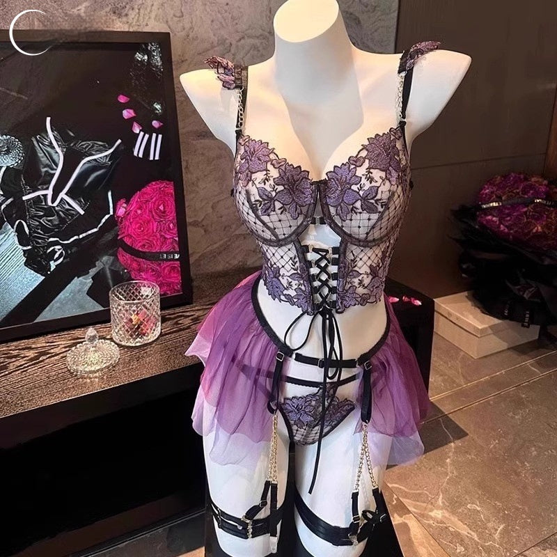 Purple Rose Lingerie Lace Embroidery Three-piece Set