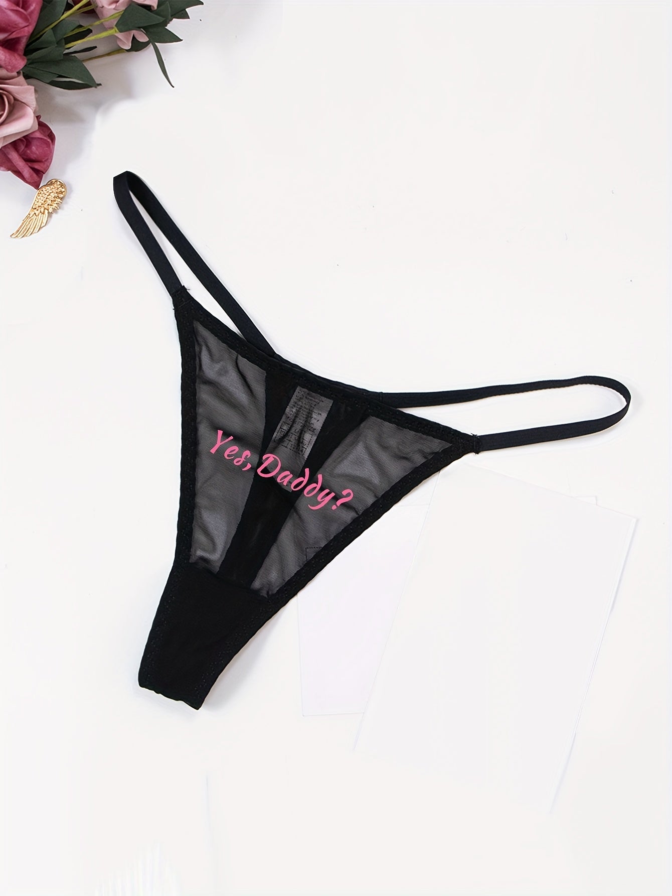 Letter Print Mesh Thongs, Breathable & Comfy Semi-sheer Intimates Panties, Women's Lingerie & Underwear