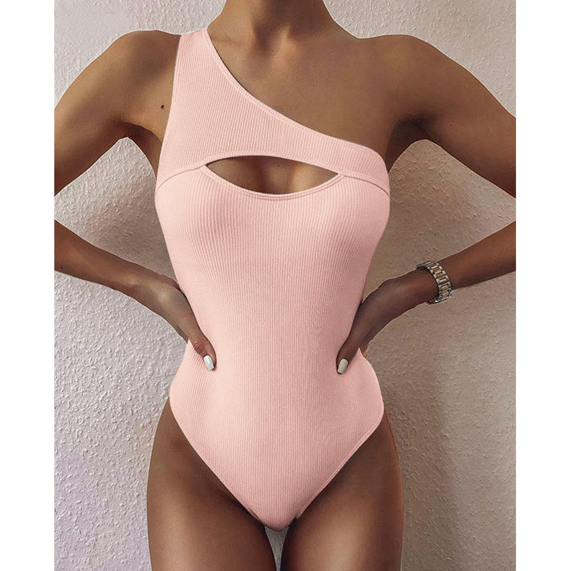 Bikini Solid Color One-shoulder One-piece Swimsuit