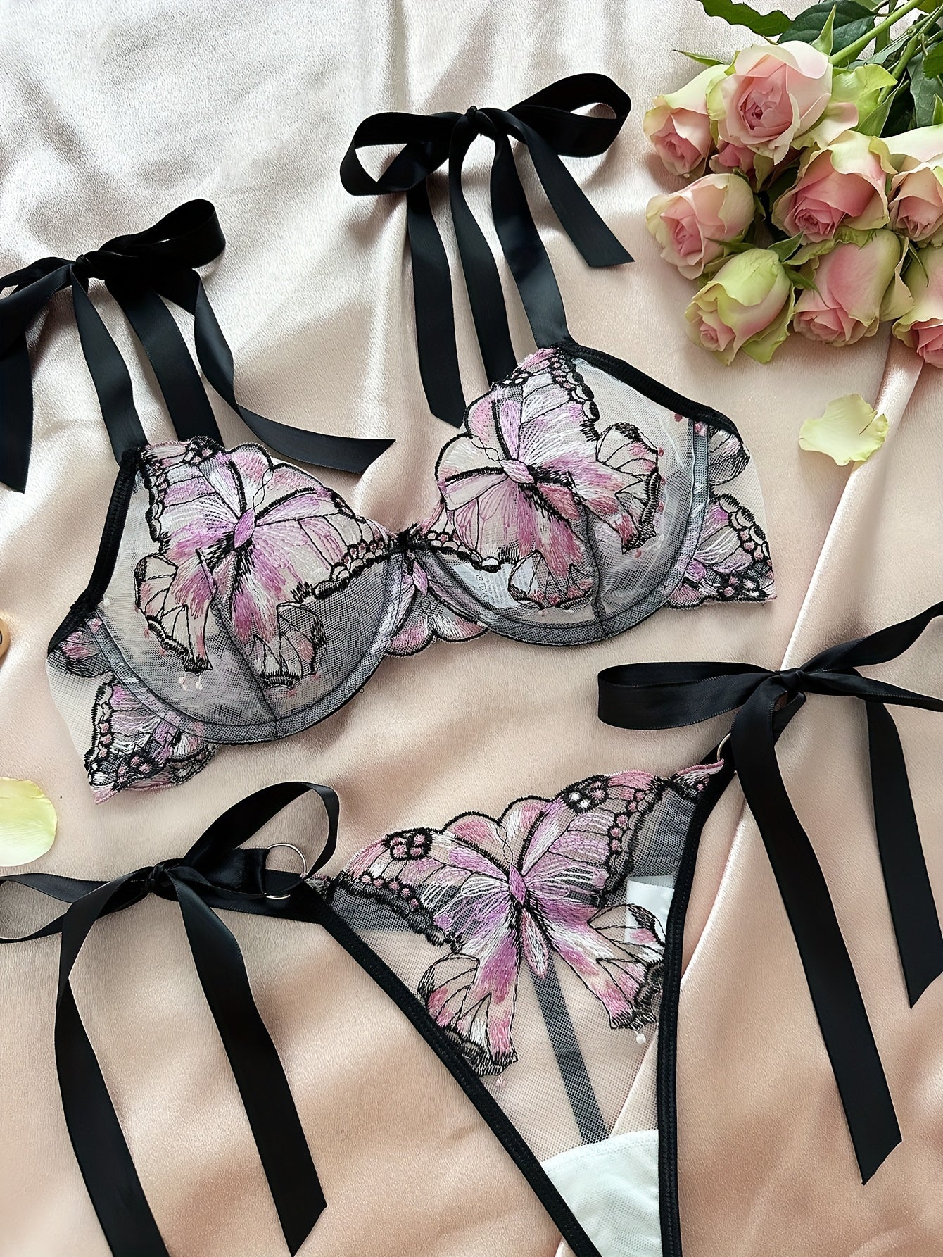 Butterfly Embroidery Lingerie Set, Unlined Mesh Bra & Strappy Thong, Women's Sexy Lingerie & Underwear