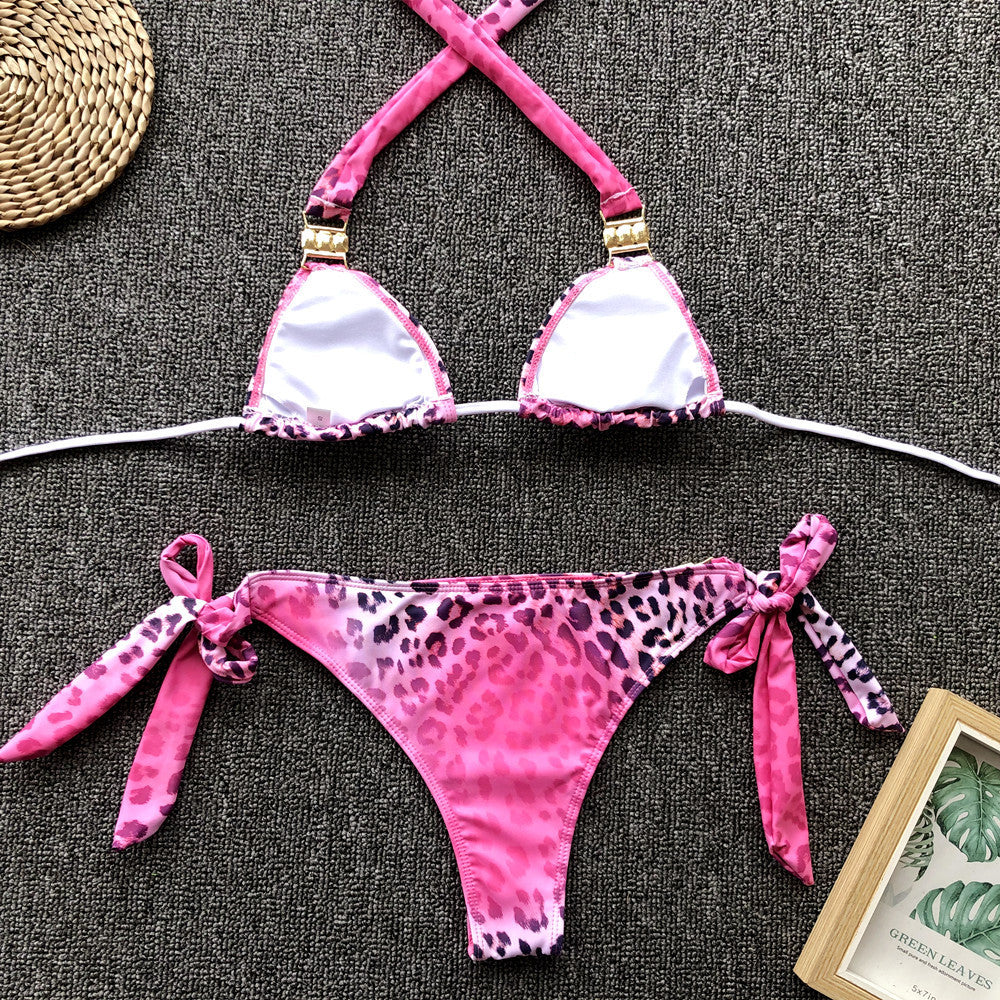 Pink Leopard Print Split Bikini