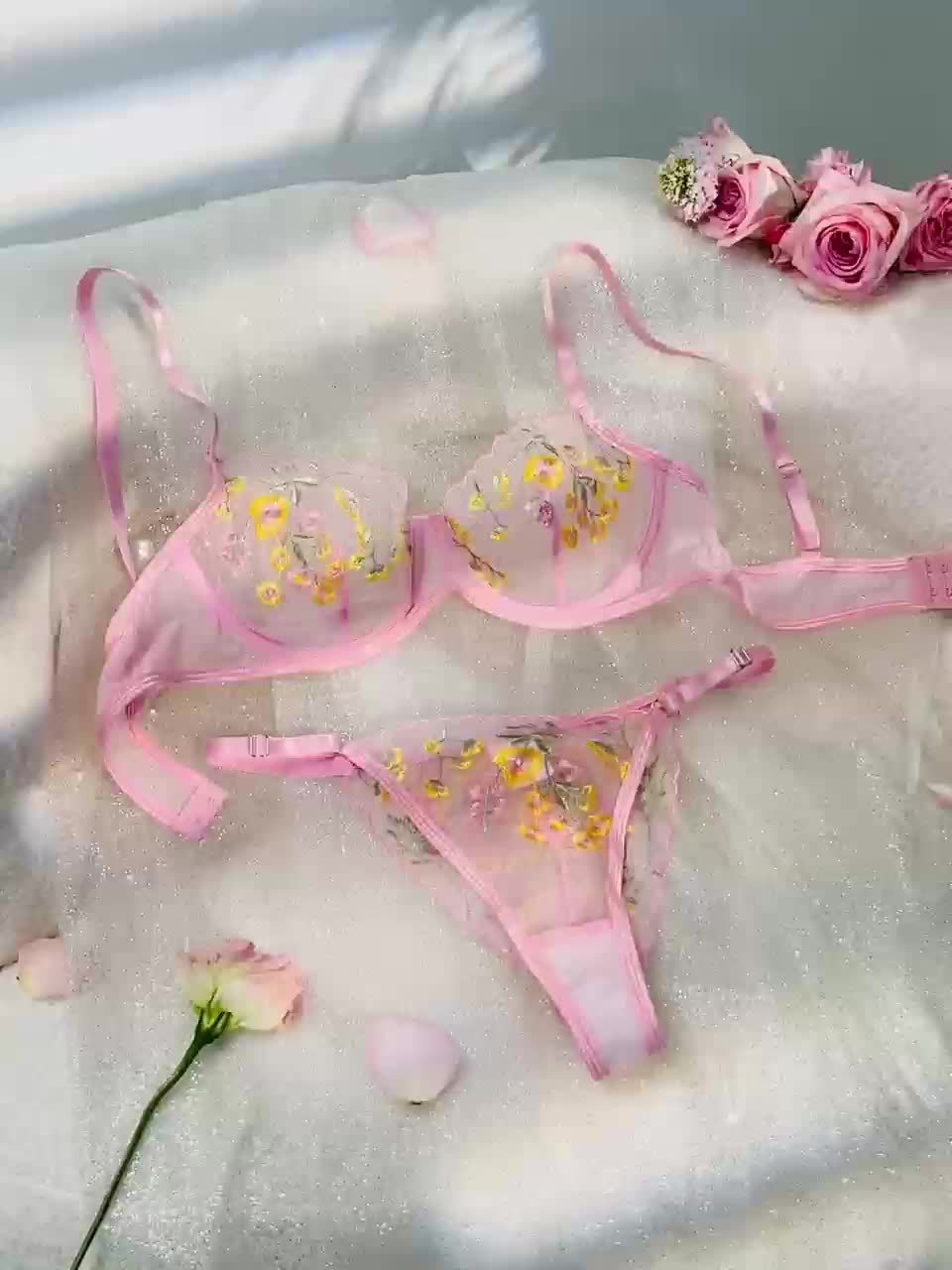 Floral Embroidery Lingerie Set, Sheer Unlined Bra & Mesh Thong, Women's Sexy Lingerie & Underwear