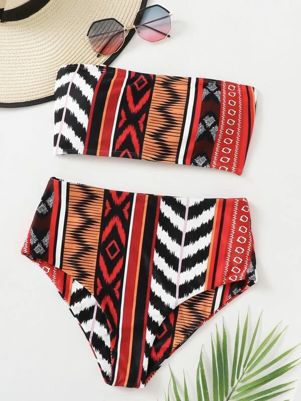 Women's Printed Bikini Split Tie High Waist Swimsuit