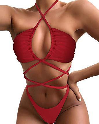 Bikini  Solid Color Long Rope One Piece Swimsuit