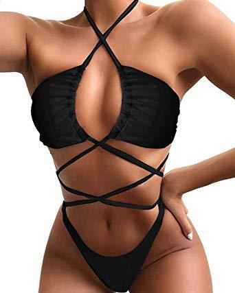 Bikini  Solid Color Long Rope One Piece Swimsuit