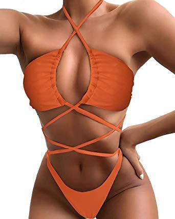 Bikini  Solid Color Long Rope One Piece Swimsuit