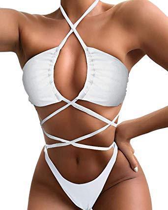 Bikini  Solid Color Long Rope One Piece Swimsuit