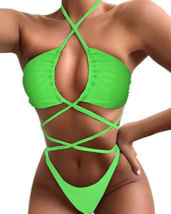 Bikini  Solid Color Long Rope One Piece Swimsuit