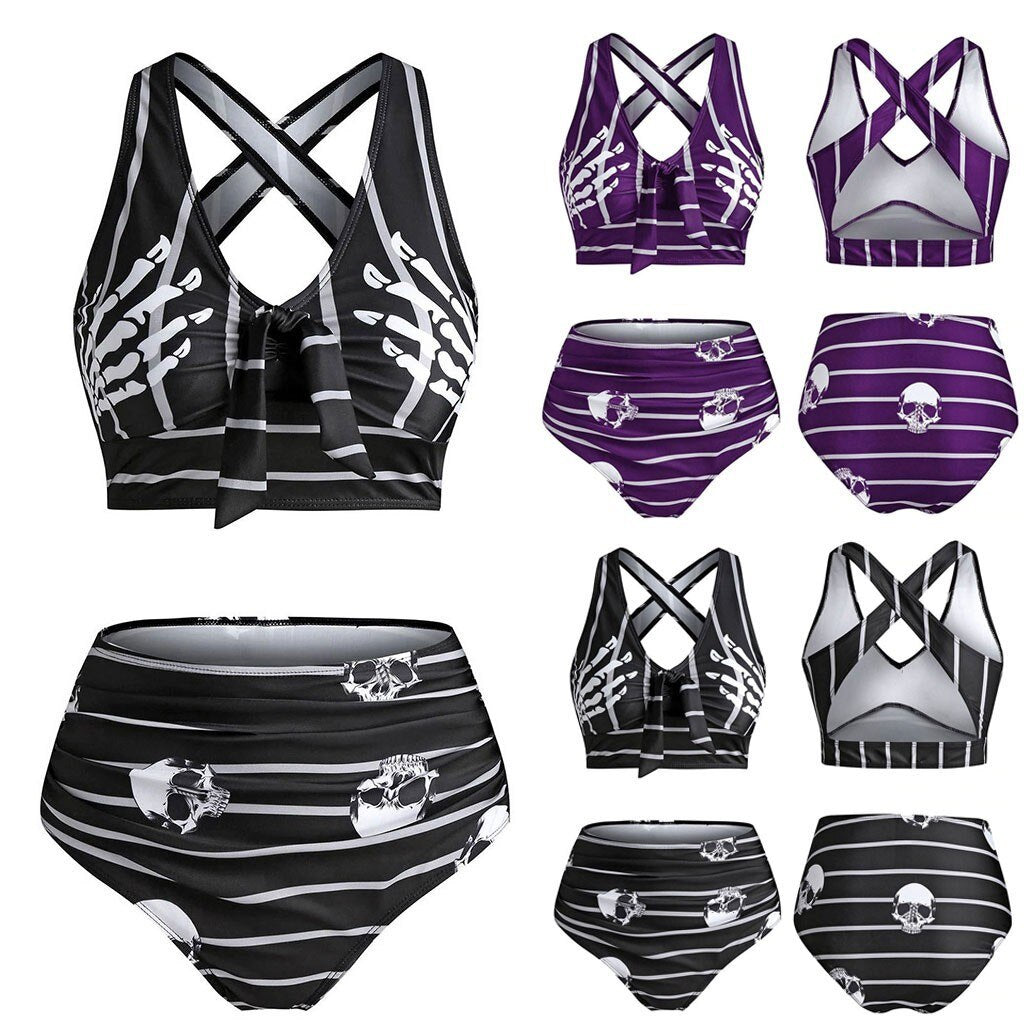 Hot Sale Skull Print Bow High Waist Pants Sexy Swimsuit - Peek A Boo Undies