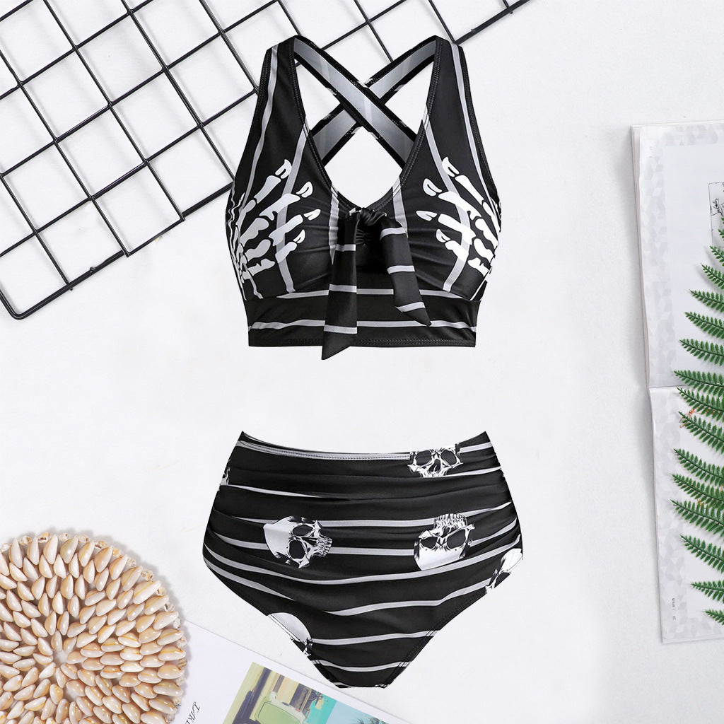 Hot Sale Skull Print Bow High Waist Pants Sexy Swimsuit - Peek A Boo Undies