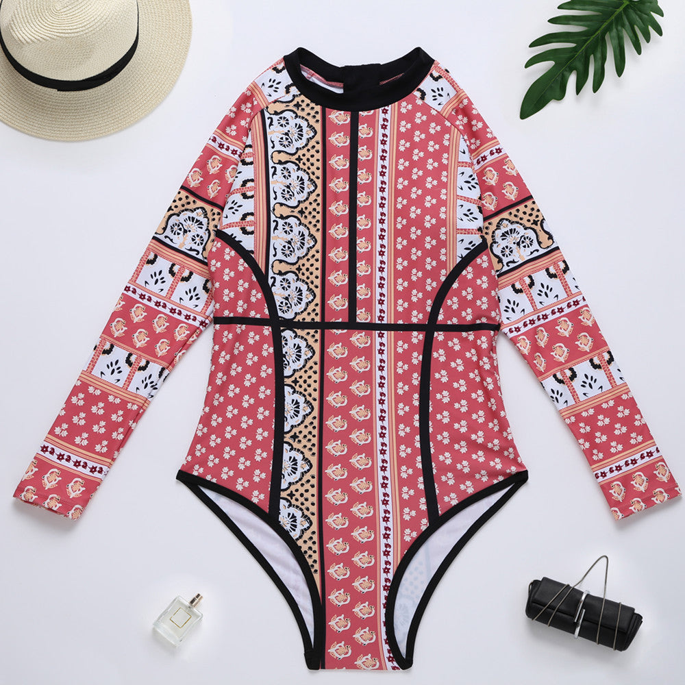 Printed Long-Sleeved Swimsuit Sunscreen One-Piece