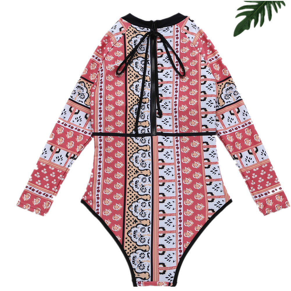 Printed Long-Sleeved Swimsuit Sunscreen One-Piece