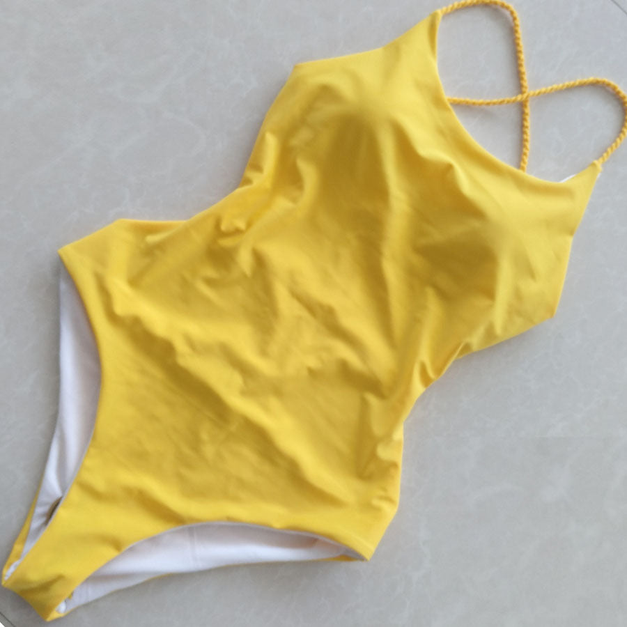 One Piece Braided Rope Swimsuit Solid Color Halter Sexy Bikini - Peek A Boo Undies