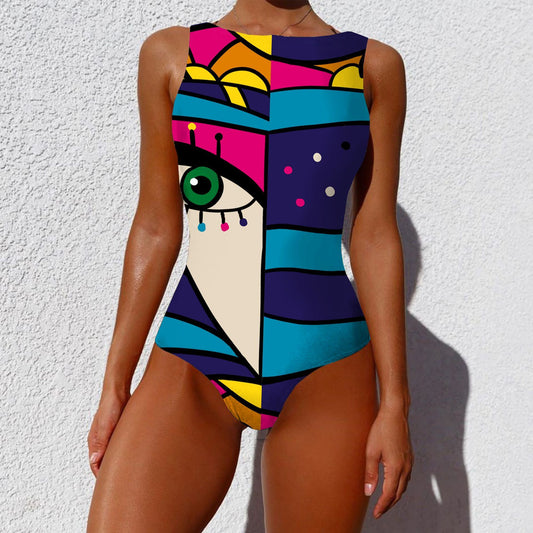 One-piece Fashion Vintage Abstract Print Lady Swimsuit Women Sleeveless Round Neck Bikini Swimwear Summer Push Up Swimsuit - Peek A Boo Undies