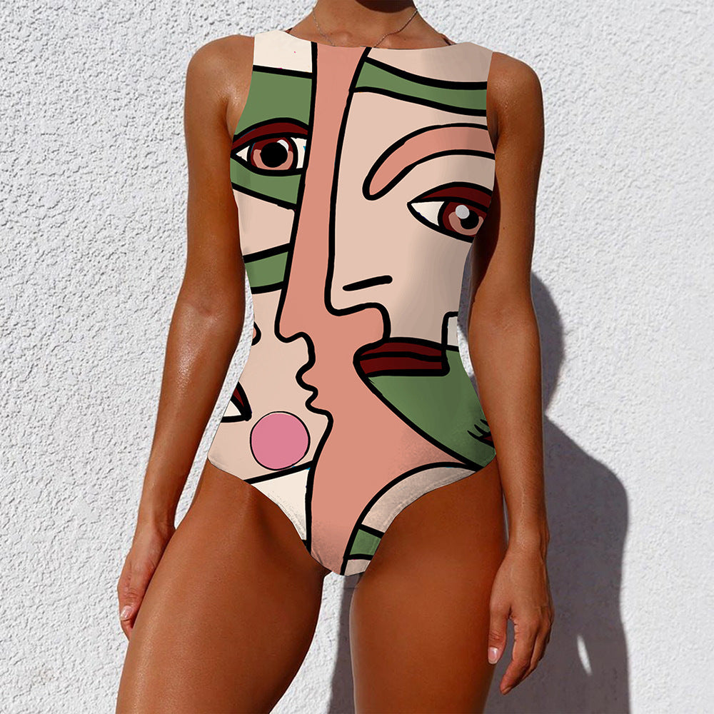 One-piece Fashion Vintage Abstract Print Lady Swimsuit Women Sleeveless Round Neck Bikini Swimwear Summer Push Up Swimsuit - Peek A Boo Undies