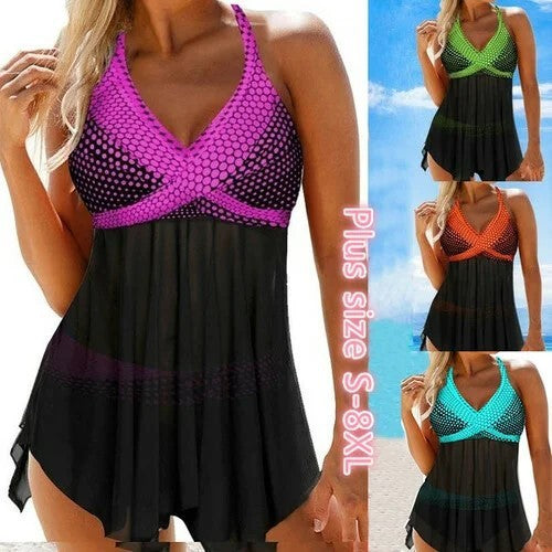 Polka Dot Printed Tulle Covering Belly Plus Fat Plus Size Swimsuit Women - Peek A Boo Undies