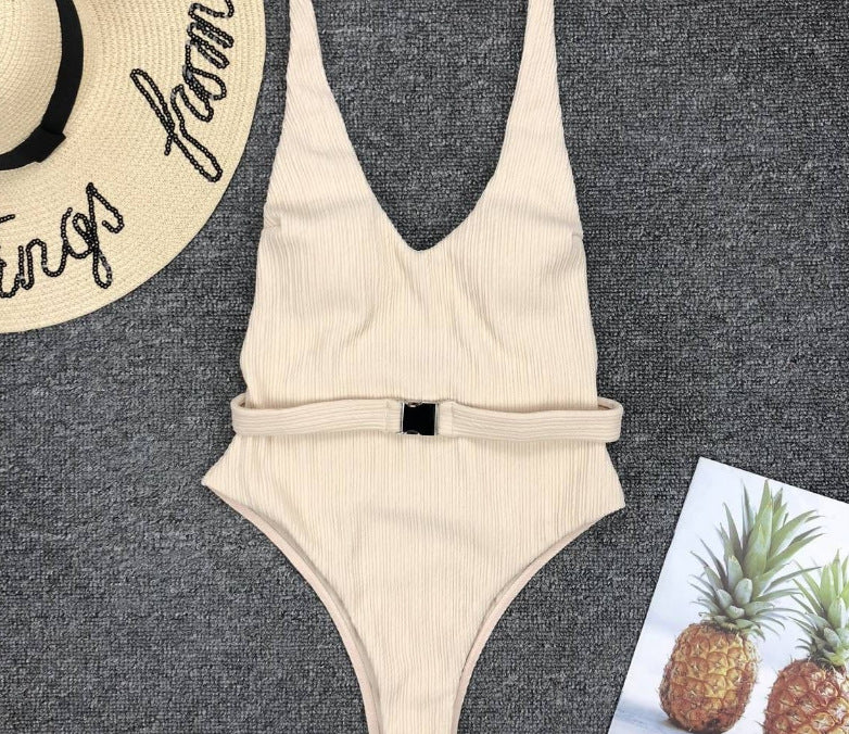 Women'S One-Piece Swimsuit European And American Solid Color Special Fabric Belt Buckle One-Piece Bikini