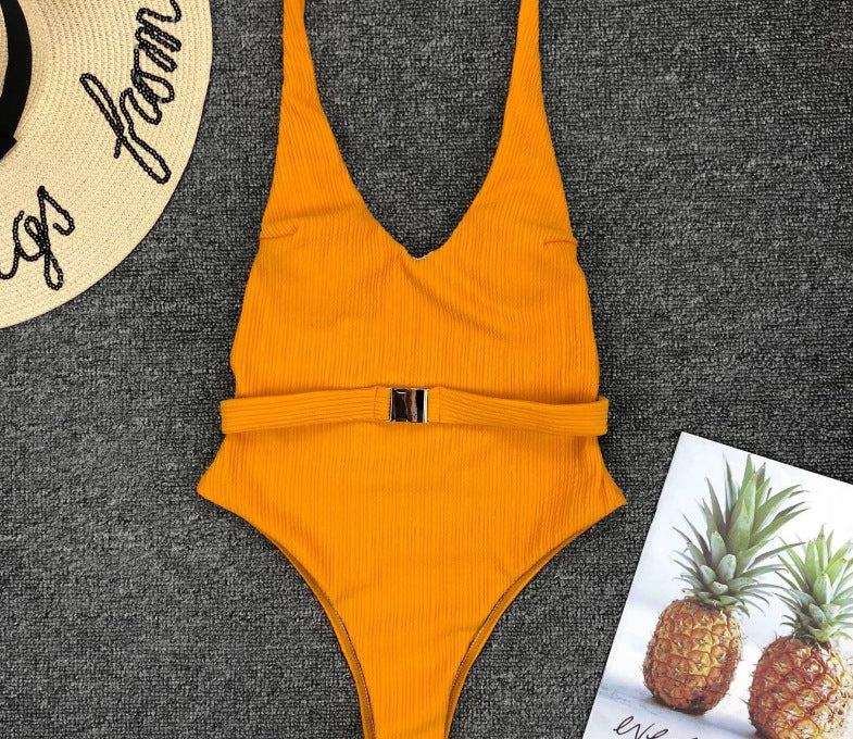 Women'S One-Piece Swimsuit European And American Solid Color Special Fabric Belt Buckle One-Piece Bikini