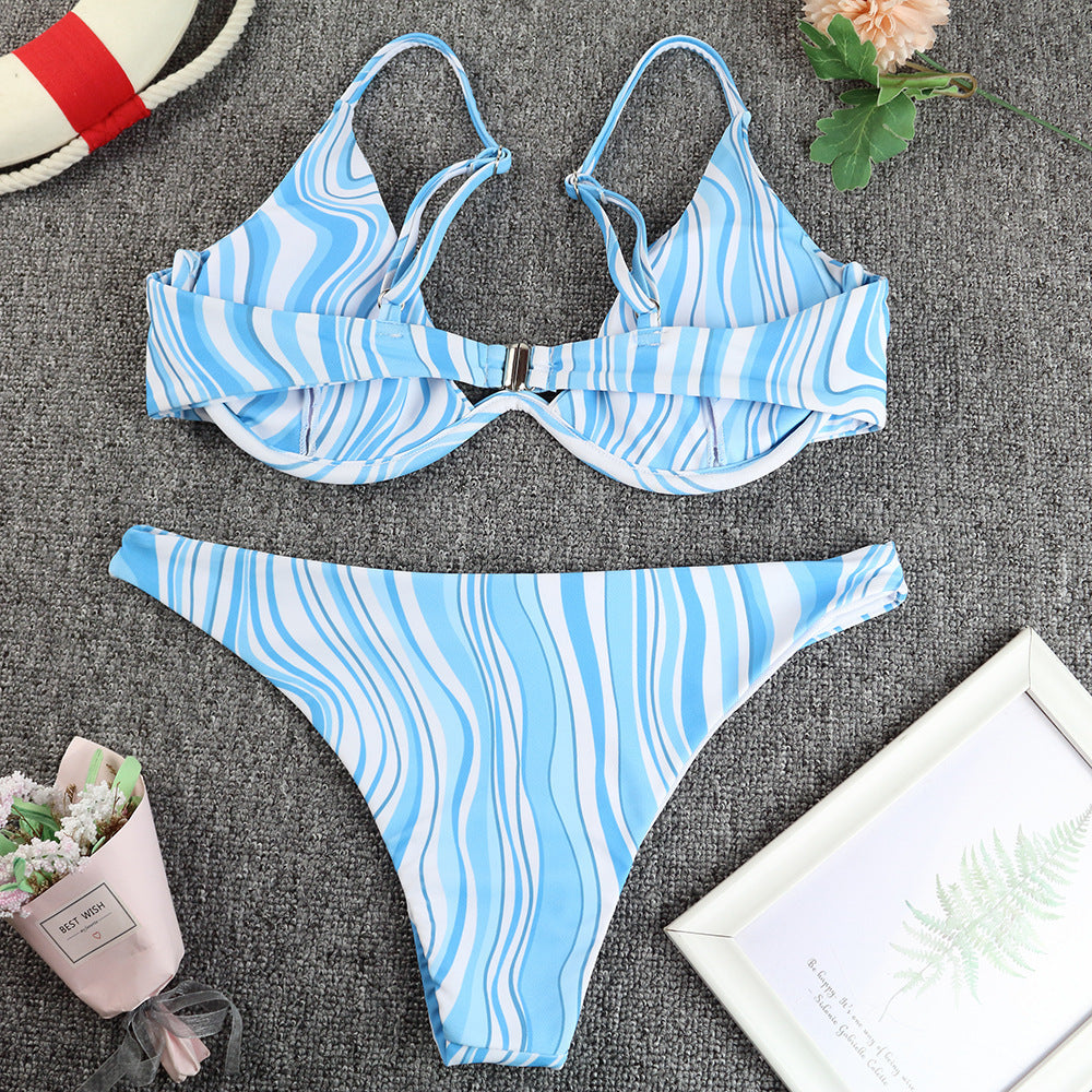 Split Swimsuit Women'S Solid Color Printed Water Ripple Sexy Bikini Ladies Swimsuit