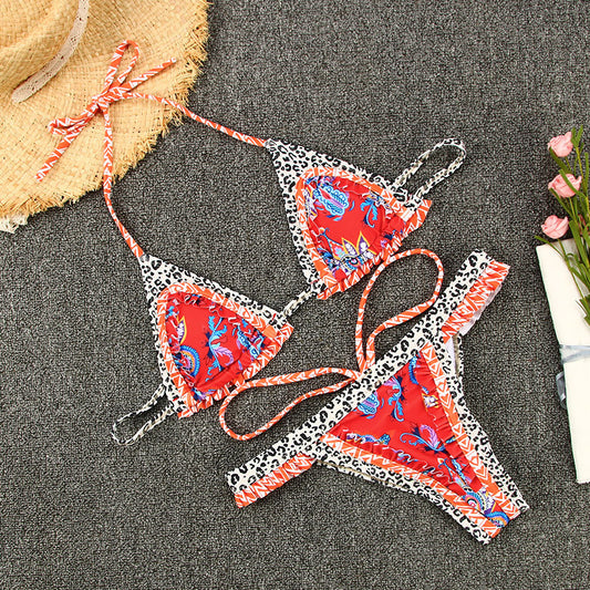 New Cross-Border Strappy Split Swimsuit Feminine Stitching Halter Printed Bikini - Peek A Boo Undies
