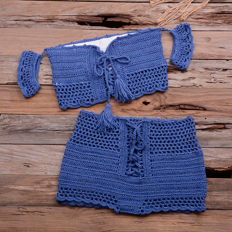 six-color beach bikini suit women's knitted swimwear crochet bohemian bra