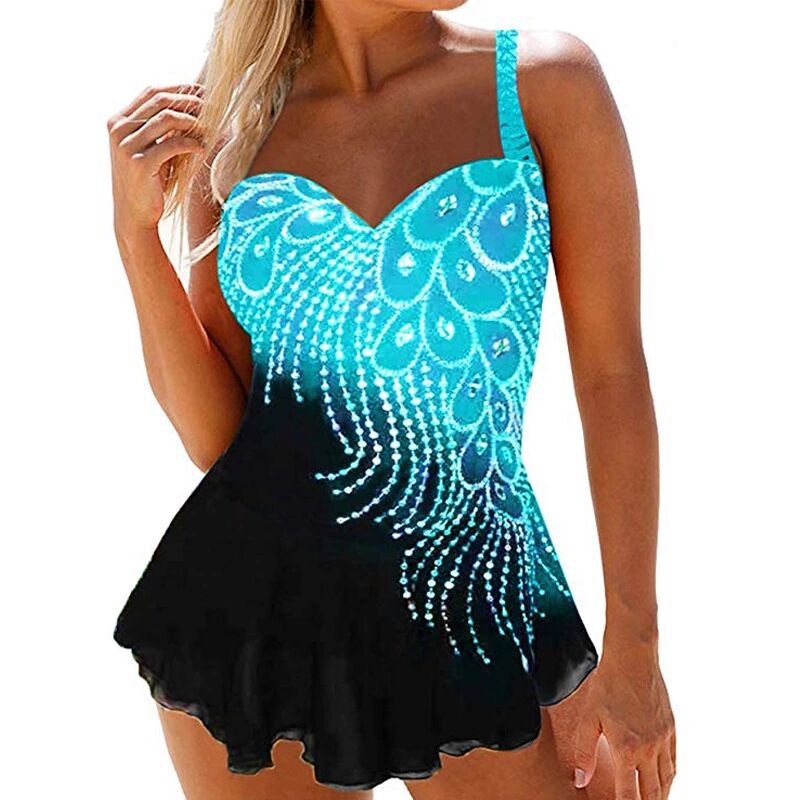 Bikini, Tube Top, Diamond And Feather Contrast Color Split Large Size Swimsuit Women