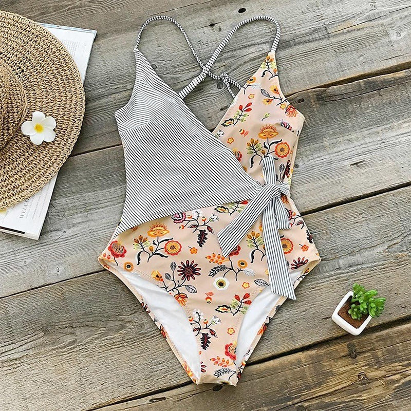 Maternity Print Striped Sling One Piece Swimwear