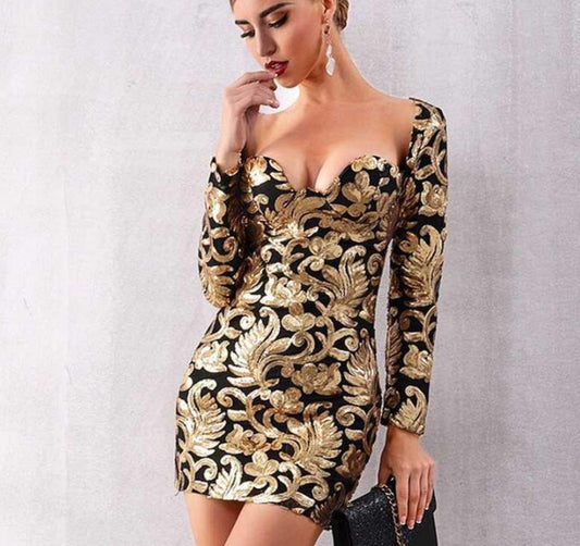 Long Sleeve Sequined Deep V Gold Mini Club Dress