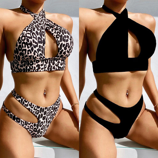 Sexy Leopard Print Hollow Bandage Bikini