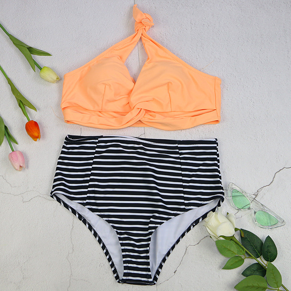 Printed Striped Split-neck Low-rise Bikini