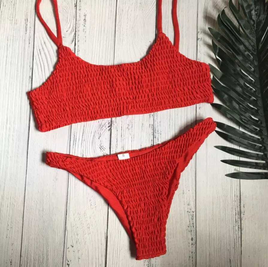 Bikini Ins Sexy Pleated Triangle Swimsuit Beach Solid Color Swimsuit For Women