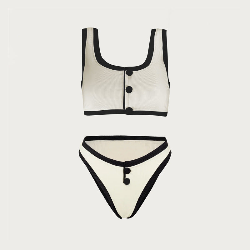 Sexy Black And White Color Matching High Waist Split Bikini Swimsuit - Peek A Boo Undies